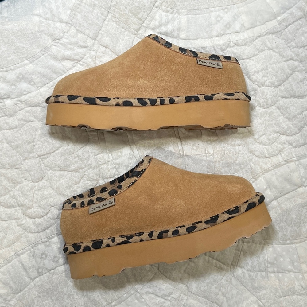 BearPaw Camel Suede Clogs with Leopard Accent